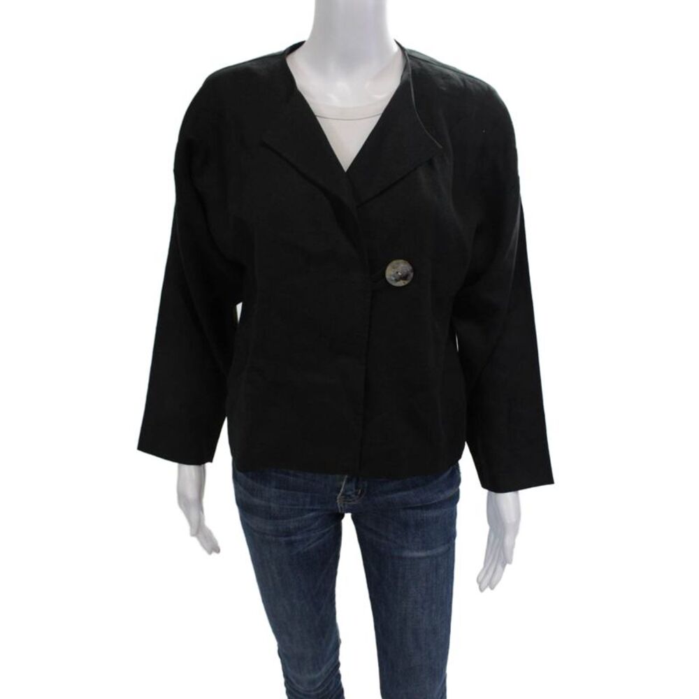 Elliott Lauren Womens Black Linen Blend Blazer Long Sleeve V-Neck Button Size M